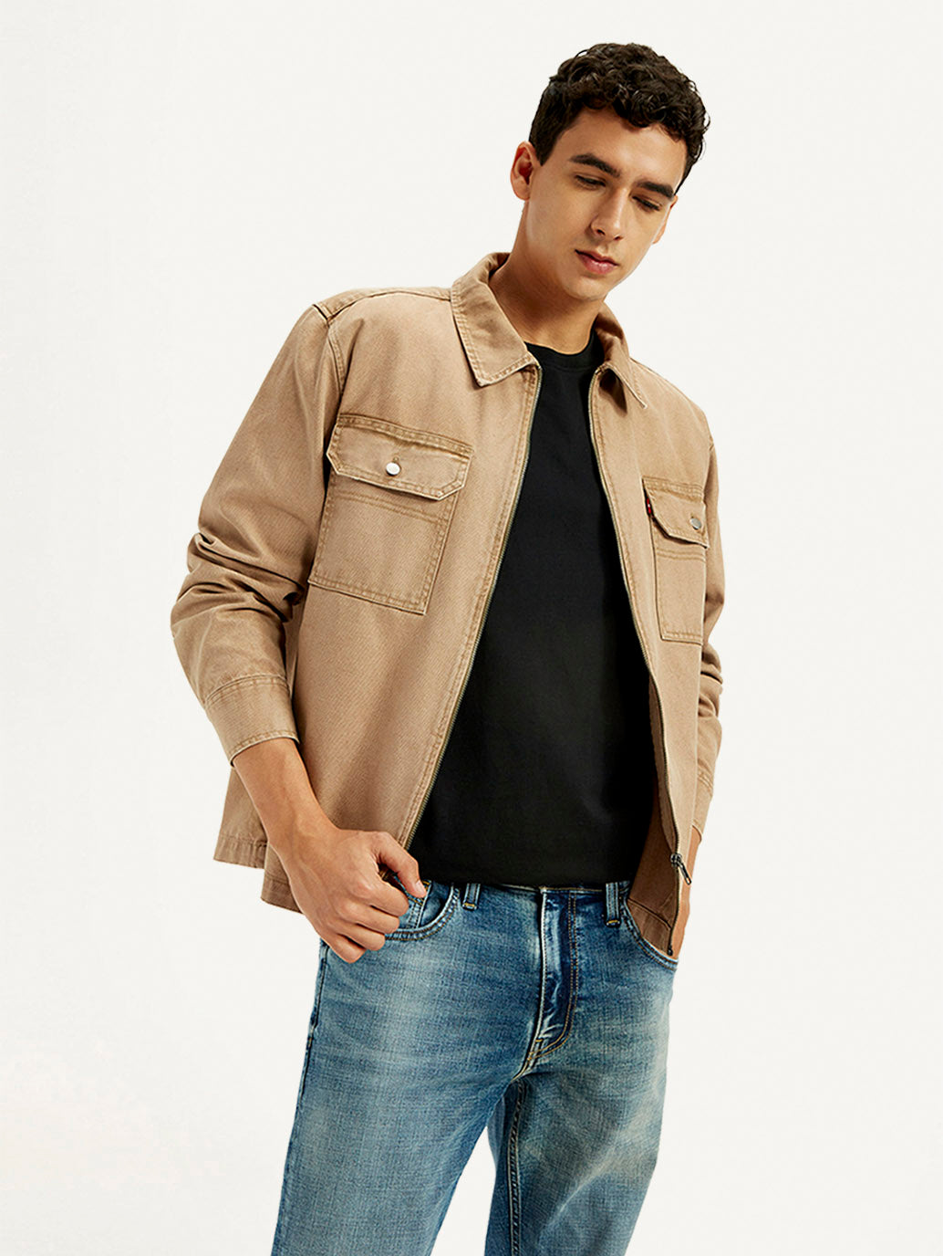 Men's Overdyed Solid Tan Shacket - Elevated View