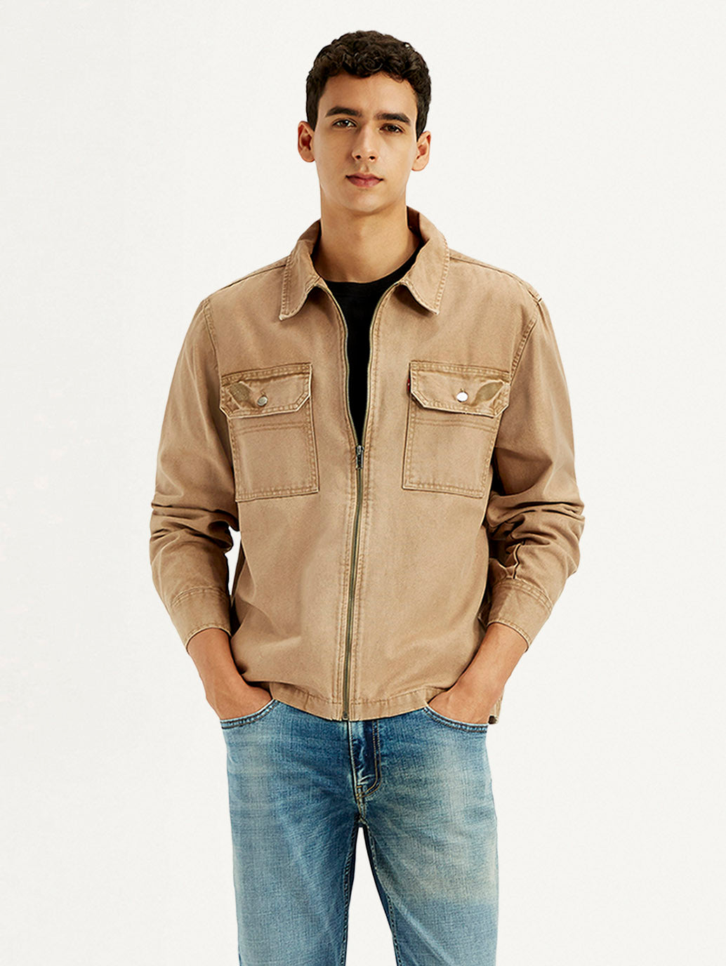 Men's Overdyed Solid Tan Shacket - Styleshot View