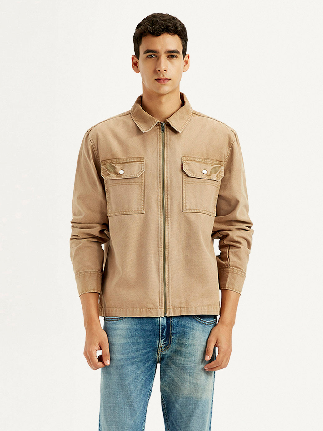 Men's Overdyed Solid Tan Shacket - Front View