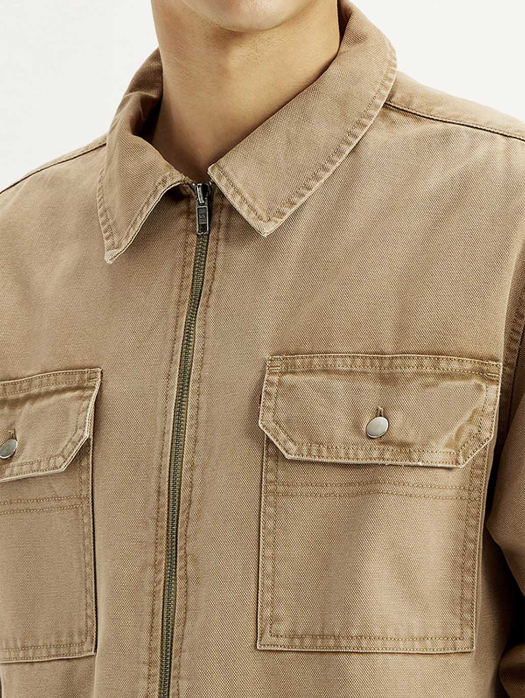 Men's Overdyed Solid Tan Shacket - Detail View