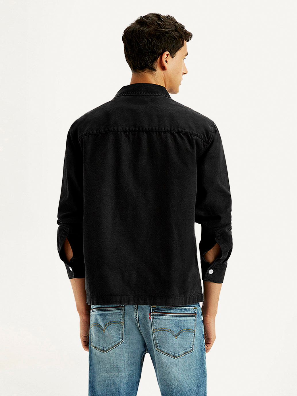 Men's Overdyed Solid Black Shacket - Back View