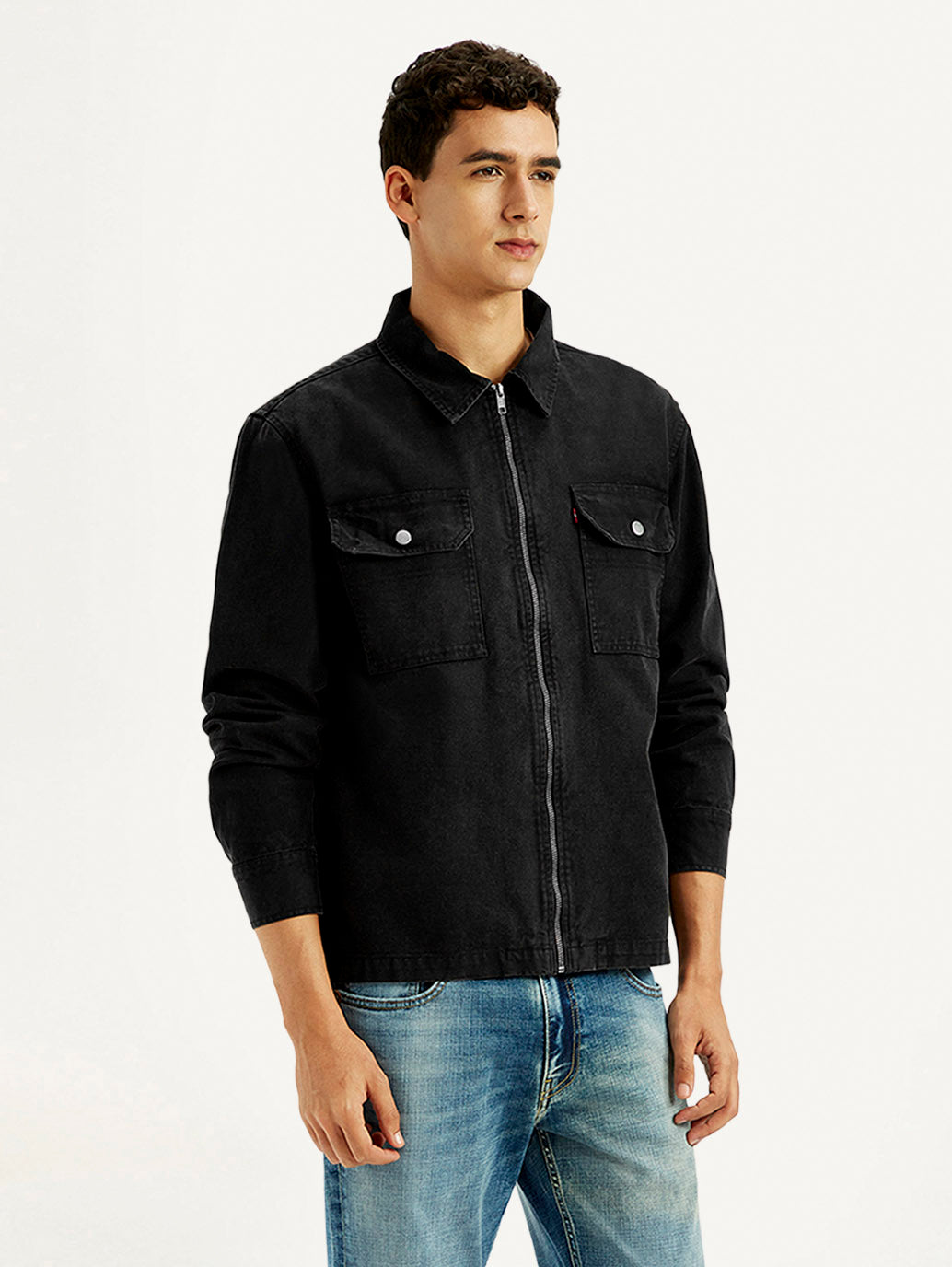 Men's Overdyed Solid Black Shacket - Side View