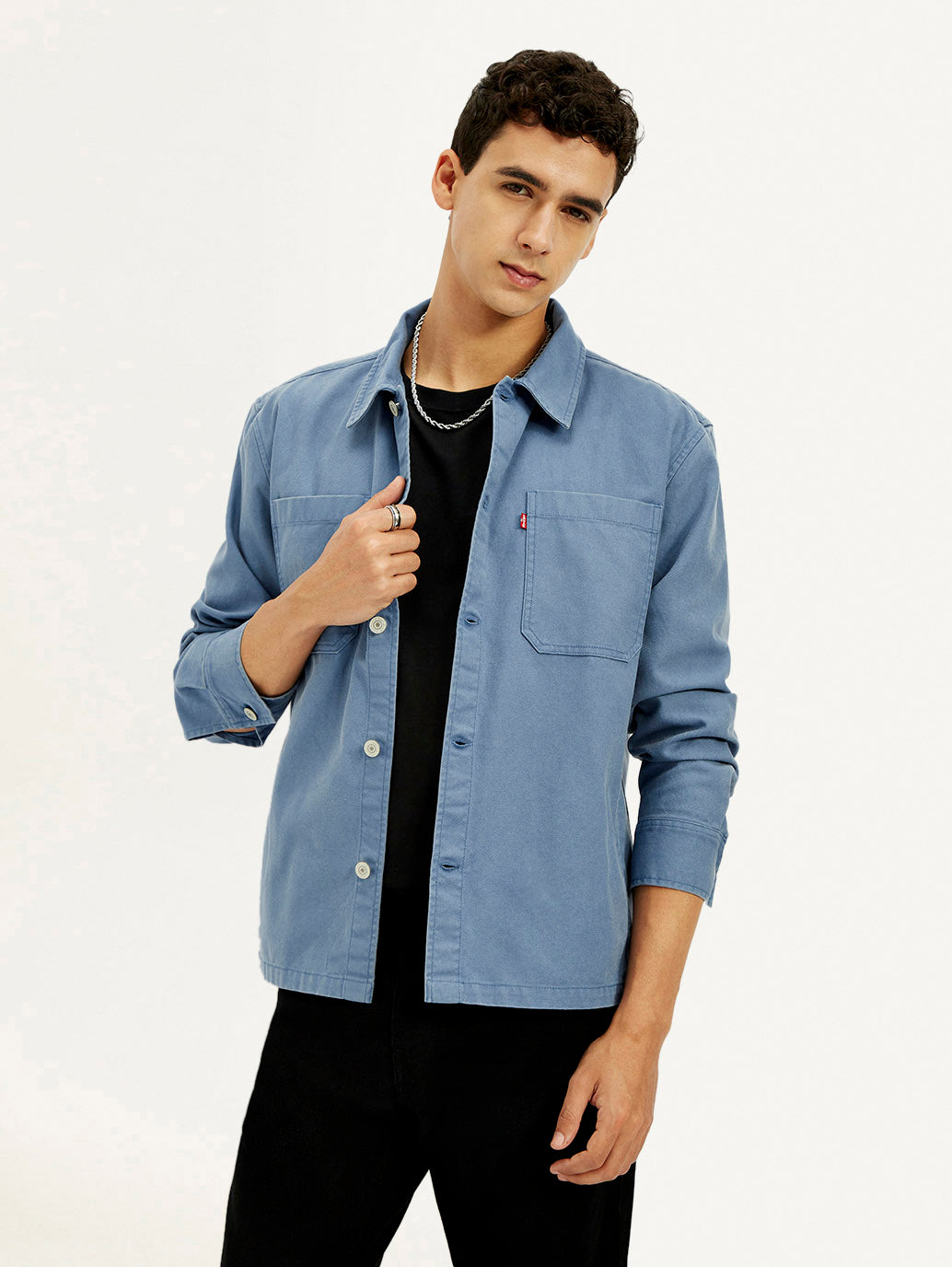 Men's Solid Blue Slim Fit Shacket - Elevated View