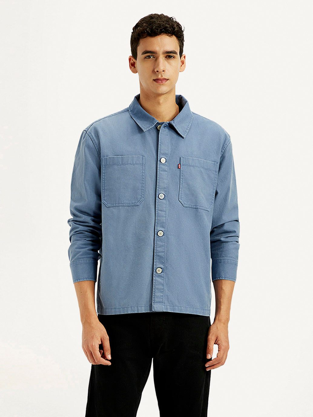 Men's Solid Blue Slim Fit Shacket - Front View