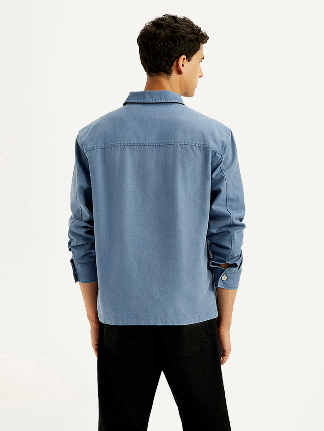 Men's Solid Blue Slim Fit Shacket - Back View
