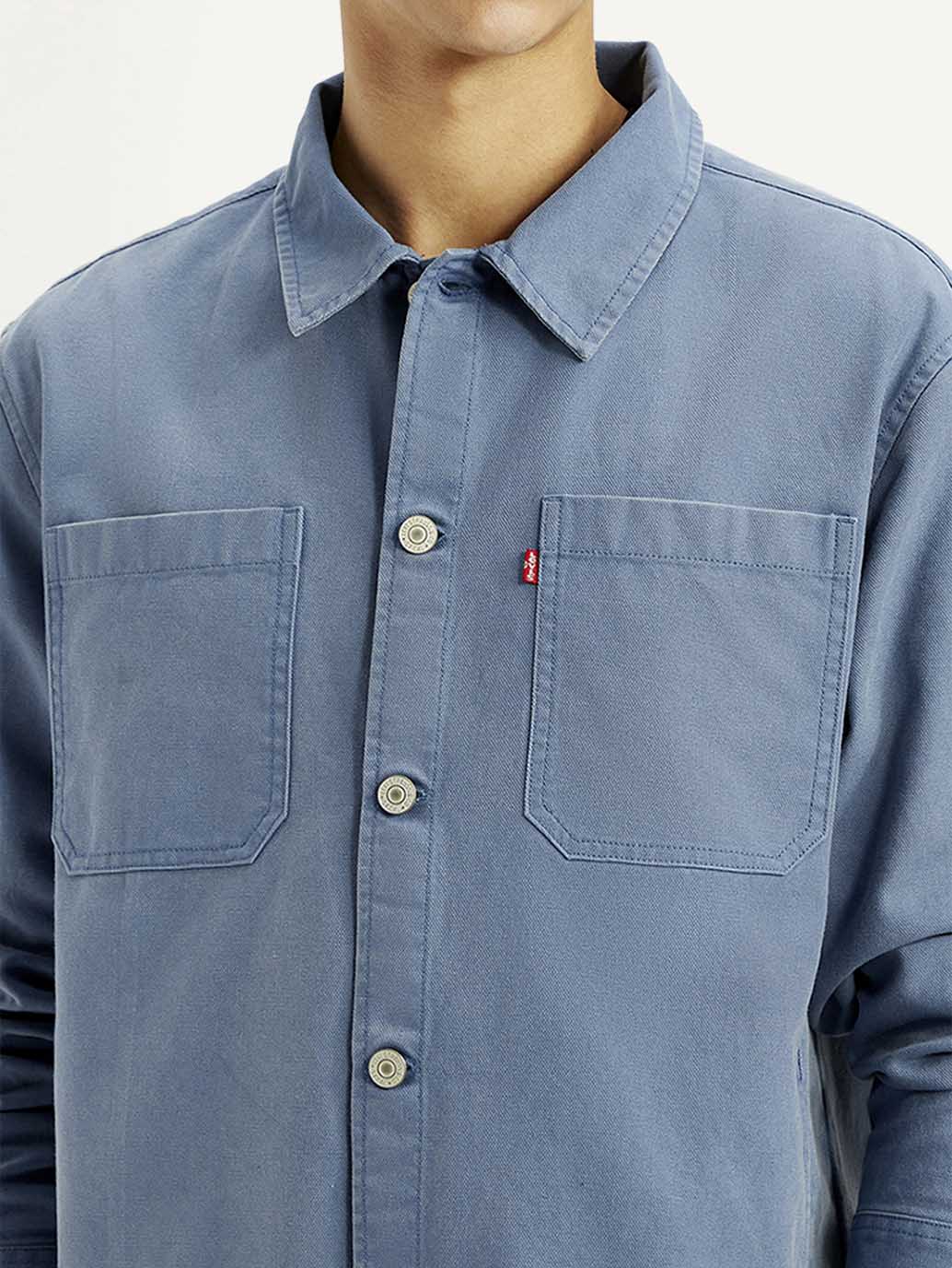 Men's Solid Blue Slim Fit Shacket - Detail View