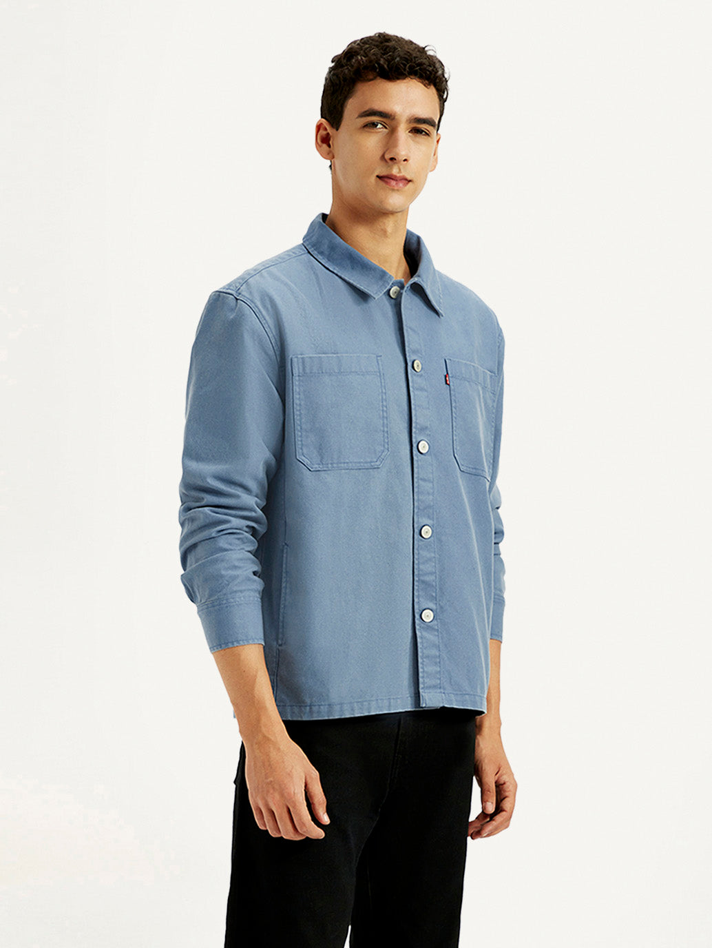 Men's Solid Blue Slim Fit Shacket - Side View