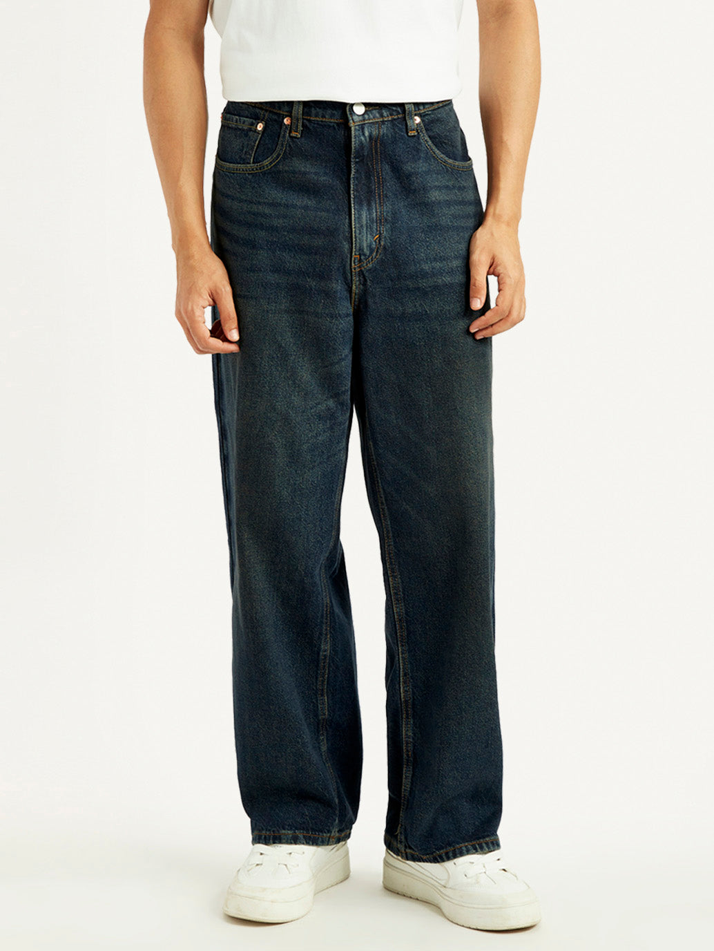 Men's Dark Blue Extra Baggy Loose Fit Mid Rise Jeans - Front View