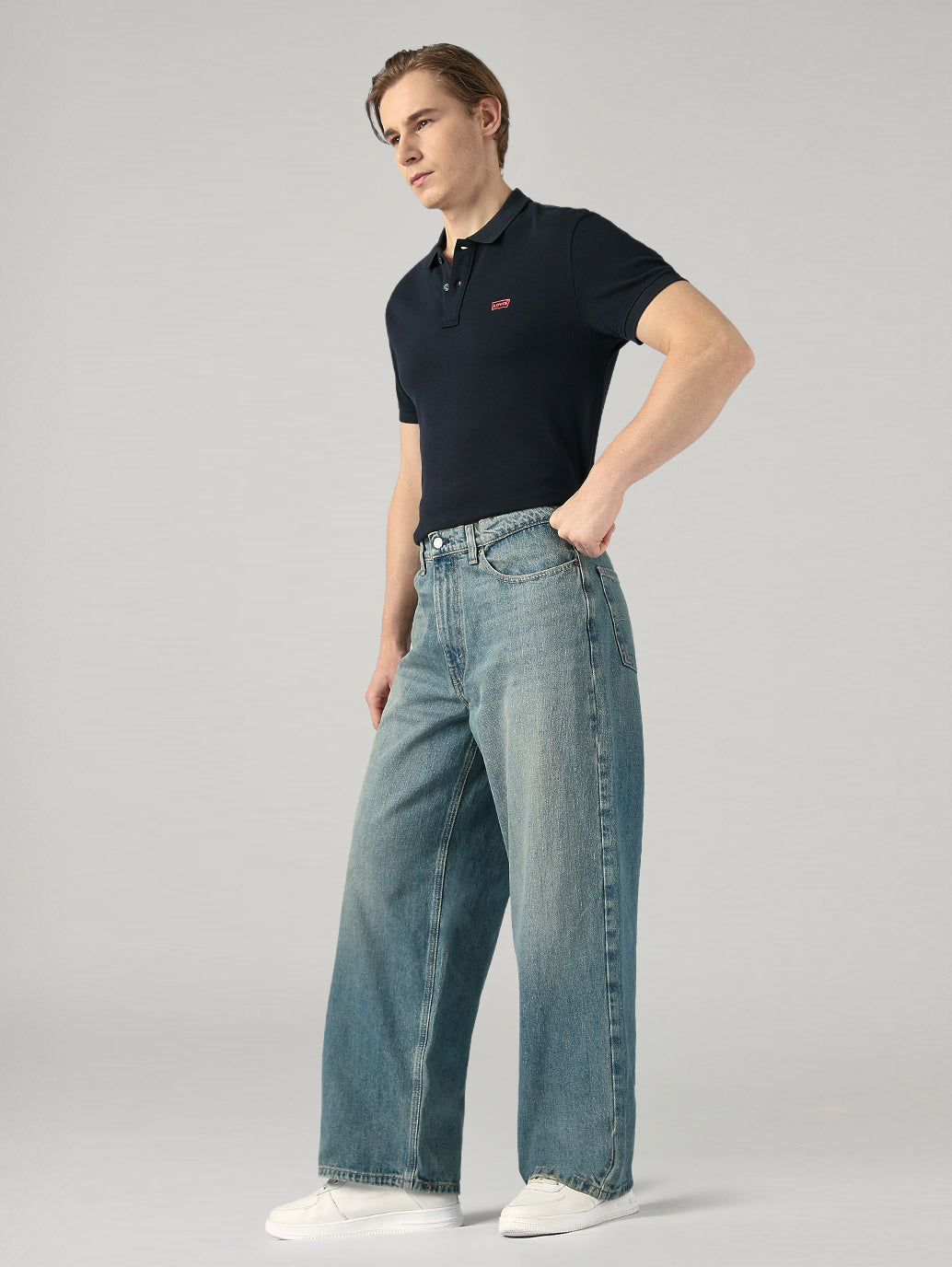 Men's Blue Extra Baggy Fit Mid Rise Jeans - Side View
