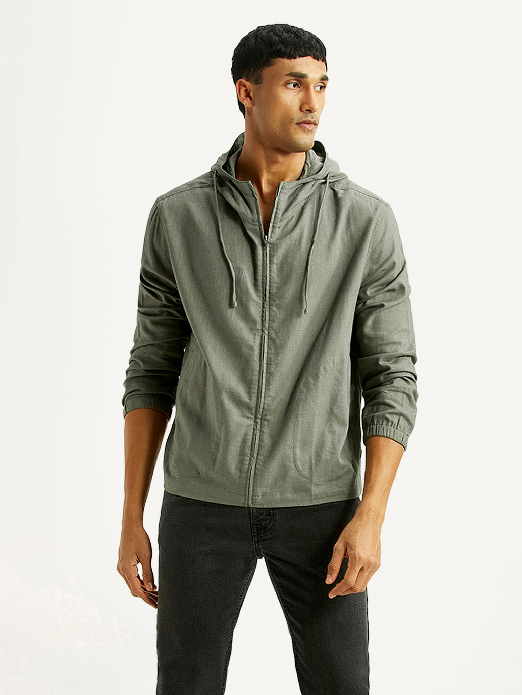 Men's Solid Green Relaxed Fit Linen Jacket