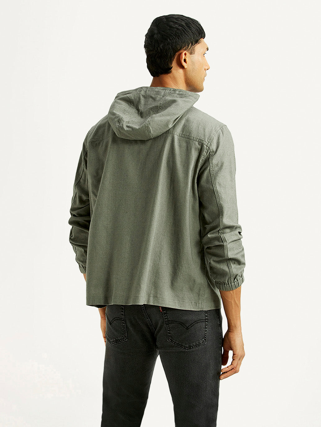 Men's Solid Green Relaxed Fit Linen Jacket - Back View