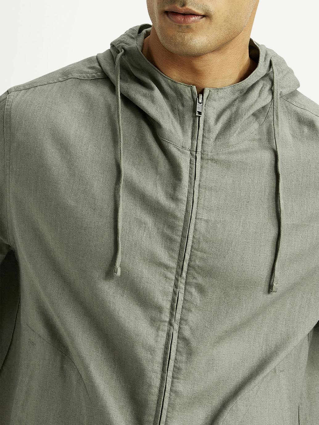 Men's Solid Green Relaxed Fit Linen Jacket - Detail View