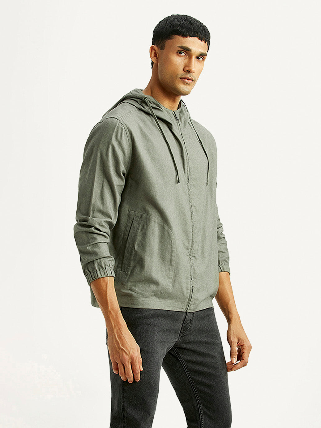Men's Solid Green Relaxed Fit Linen Jacket - Side View
