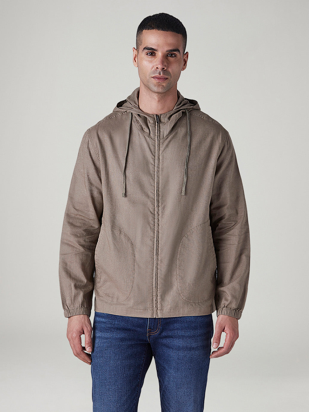 Men's Solid Light Brown Linen Hooded Sweatshirt - Front View