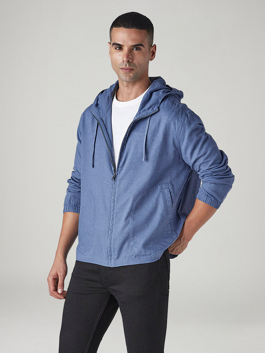 Men's Solid Blue Linen Hooded Sweatshirt