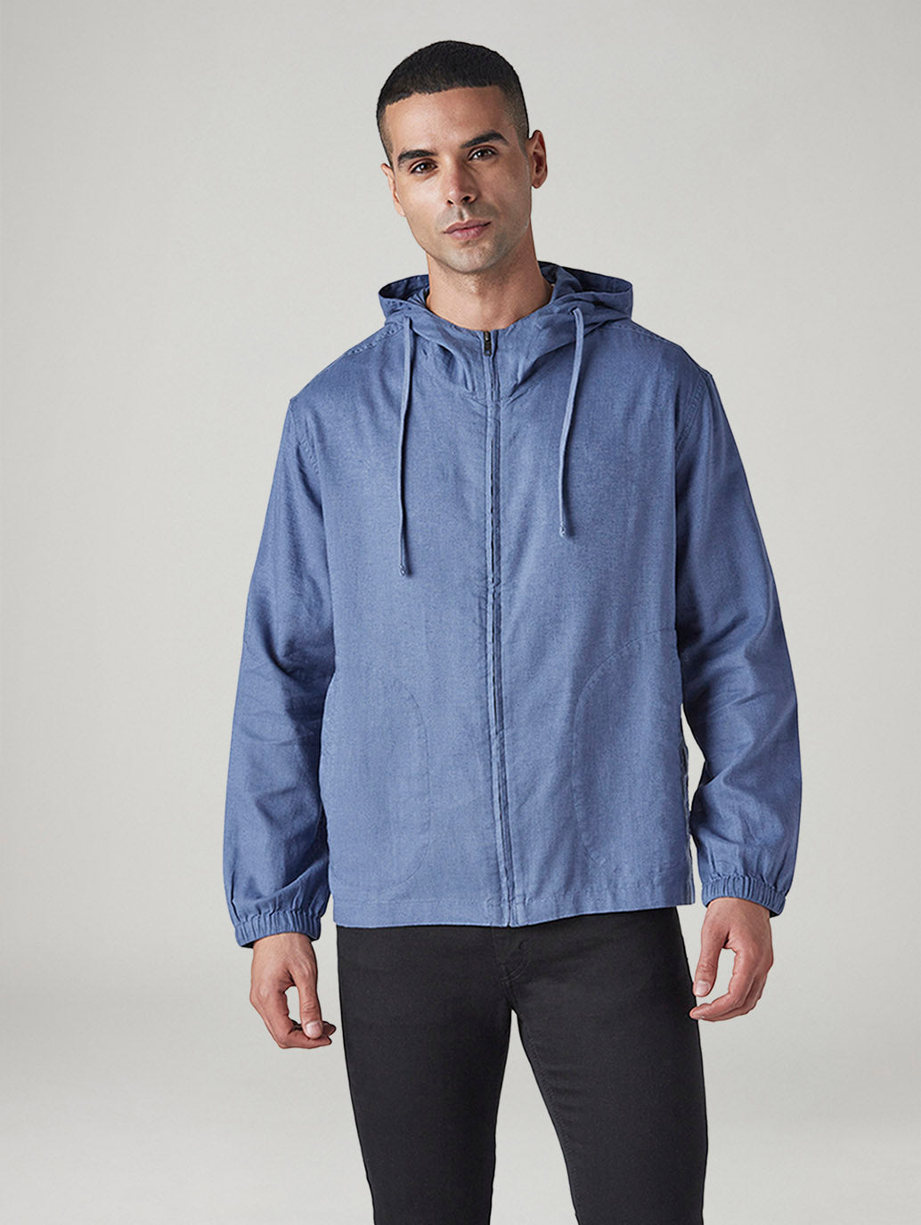 Men's Solid Blue Linen Hooded Sweatshirt - Front View