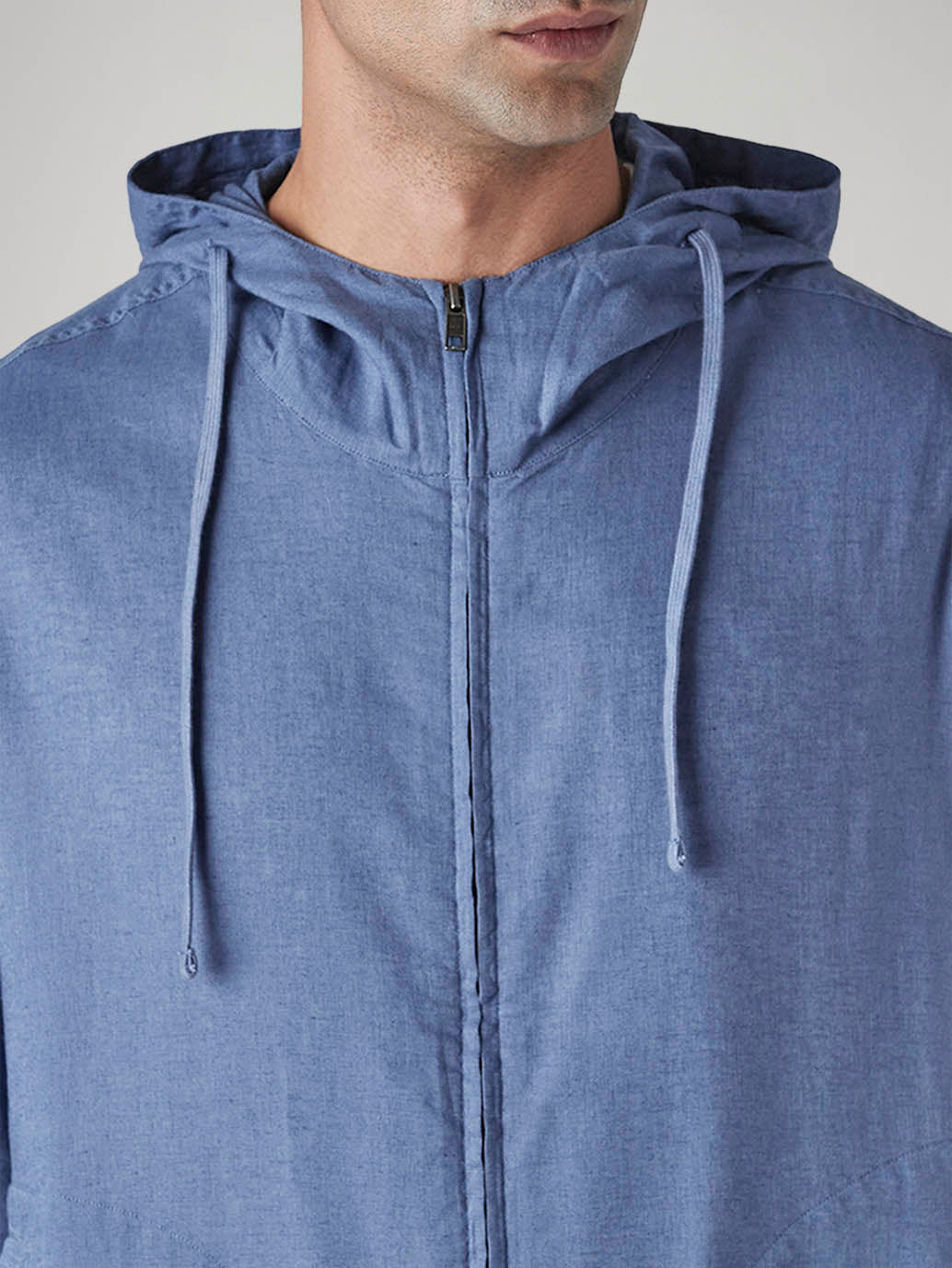 Men's Solid Blue Linen Hooded Sweatshirt - Detail View