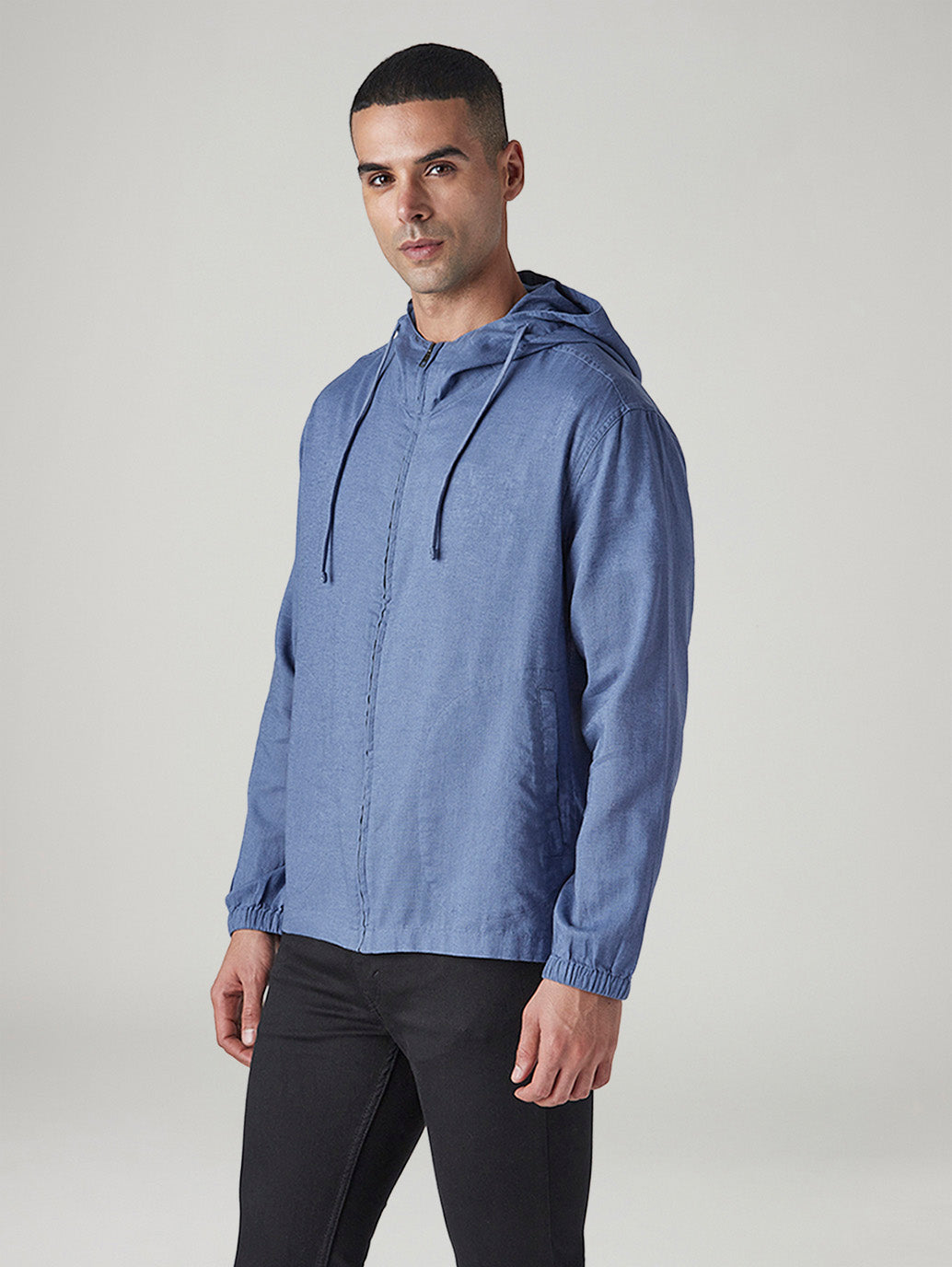 Men's Solid Blue Linen Hooded Sweatshirt - Side View