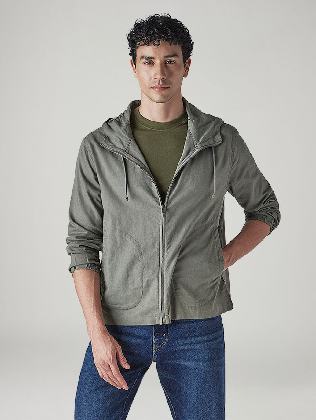 Men's Solid Olive Linen Hooded Shacket