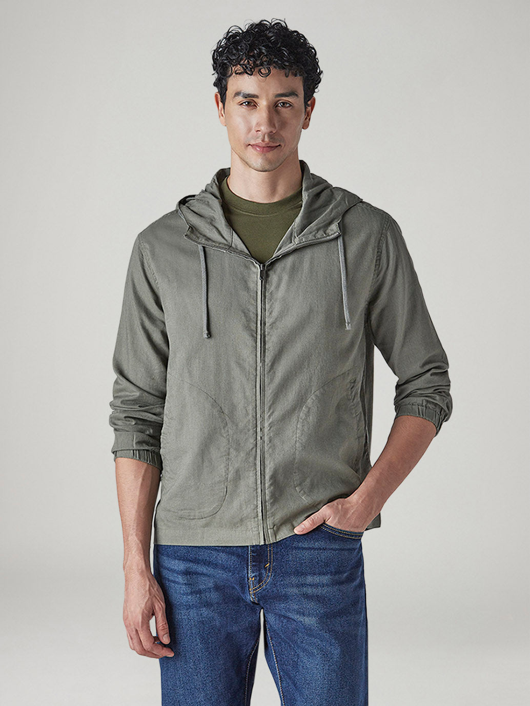 Men's Solid Olive Linen Hooded Shacket - 20 View