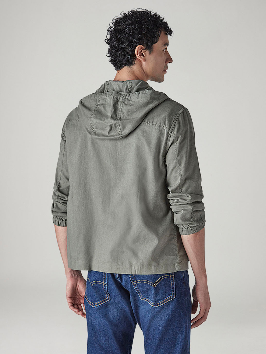Men's Solid Olive Linen Hooded Shacket - 20 View