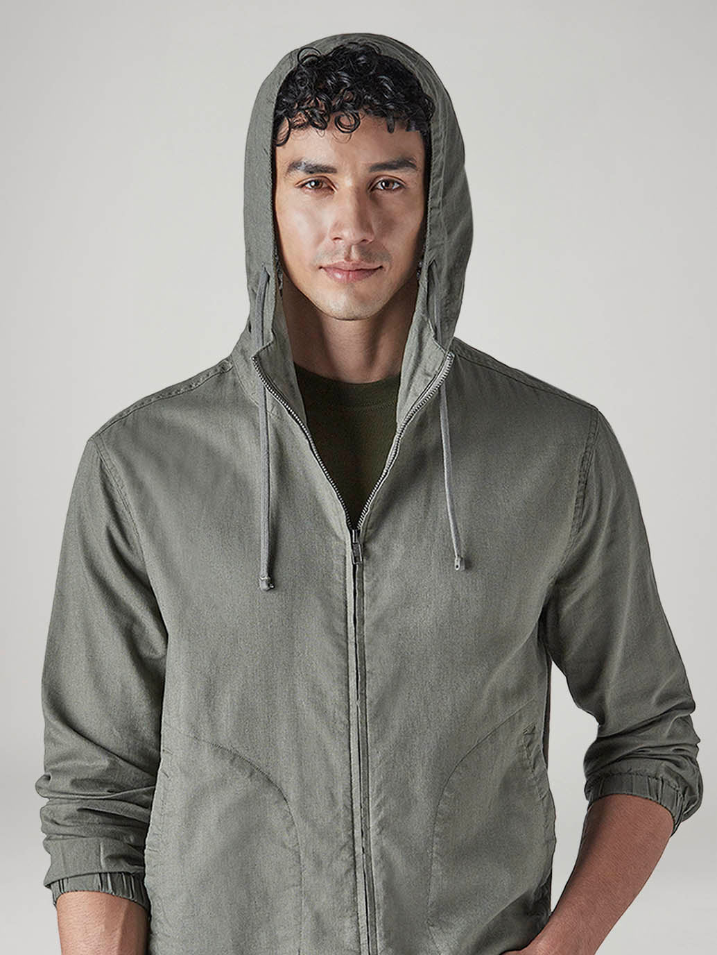 Men's Solid Olive Linen Hooded Shacket - 20 View