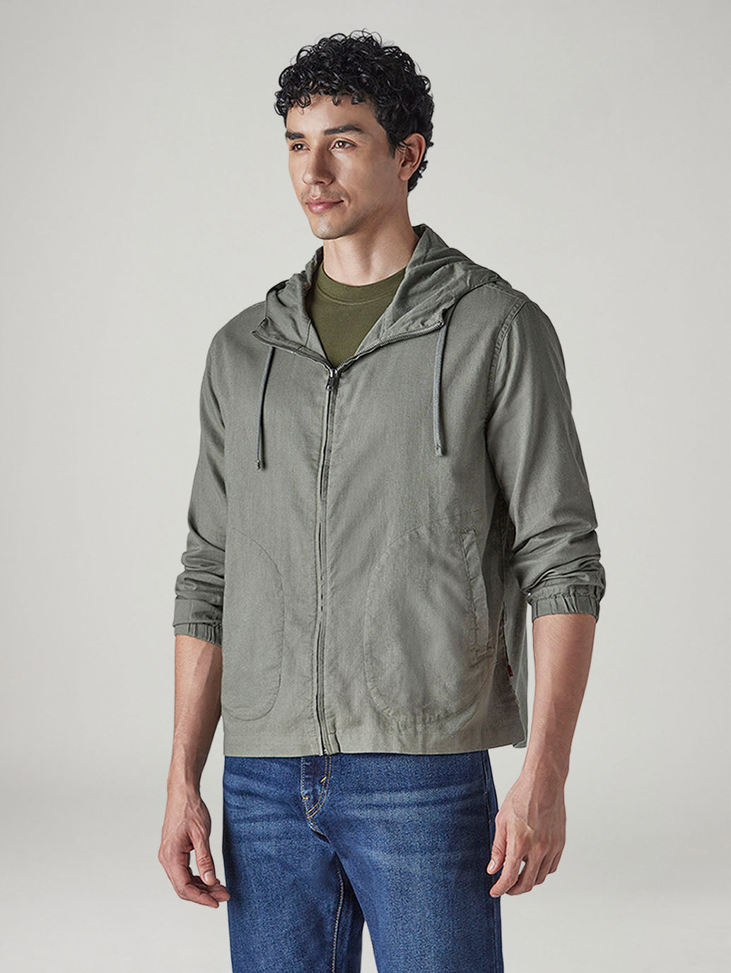 Men's Solid Olive Linen Hooded Shacket - 20 View