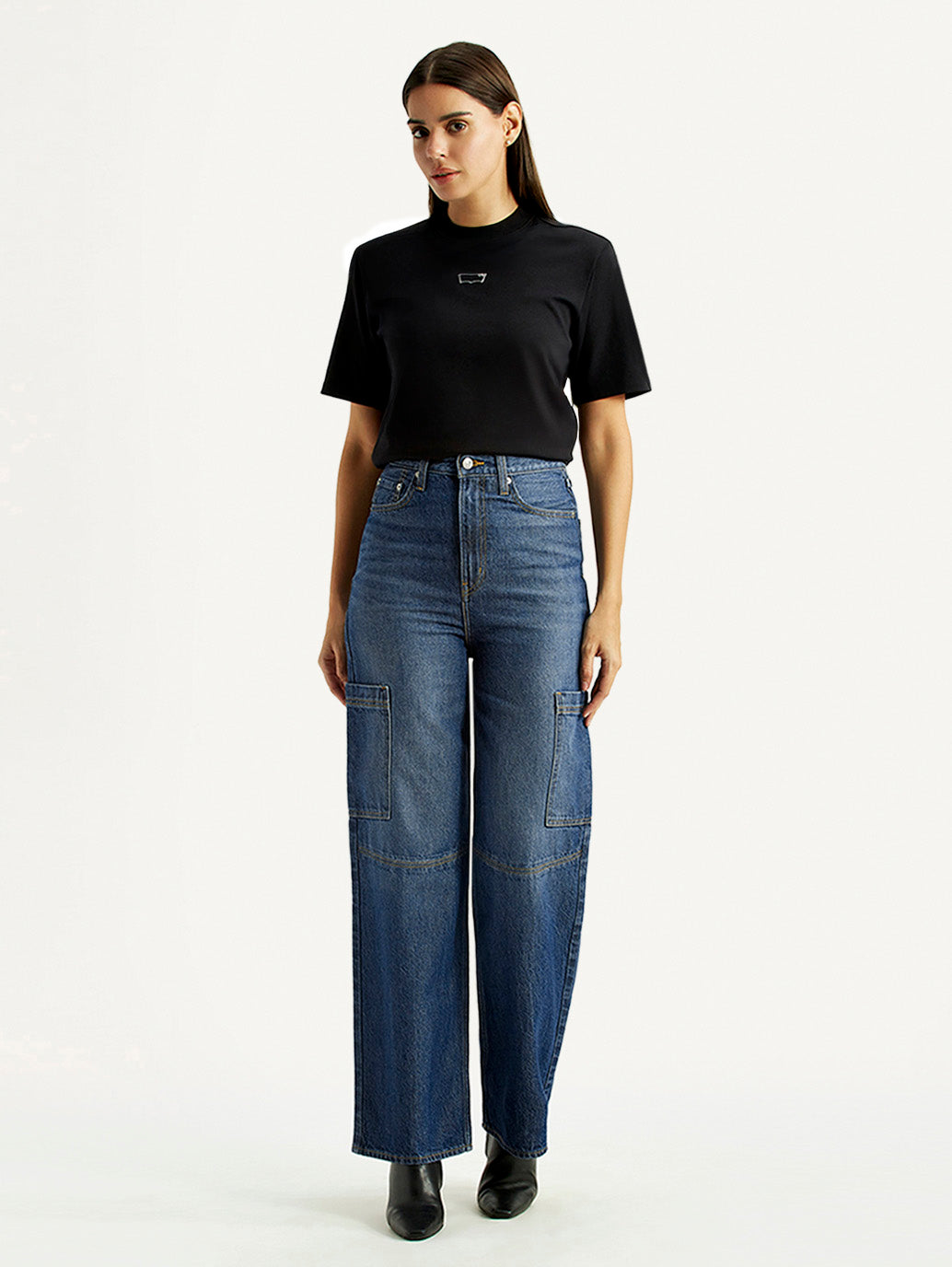 Women's Blue Loose Fit High Rise Jeans - Front View