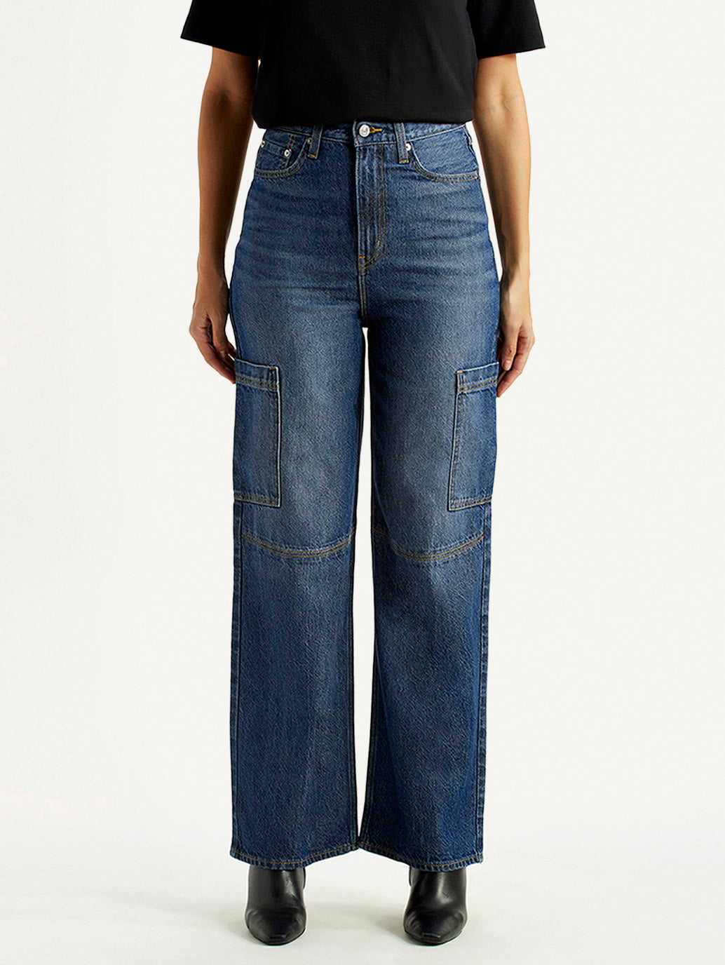 Women's Blue Loose Fit High Rise Jeans - Front View