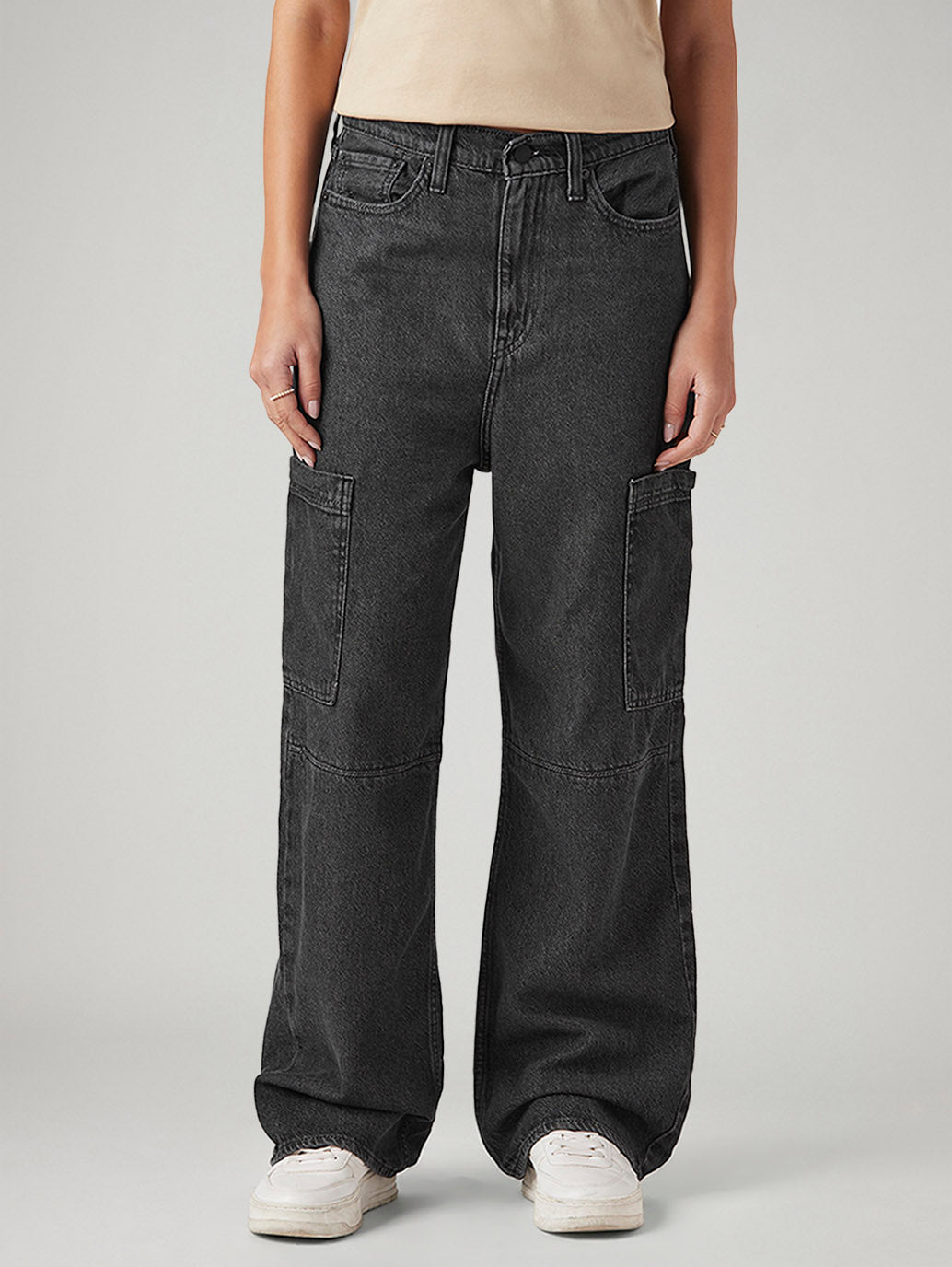 Women's Charcoal Grey Loose Fit High Rise Jeans - Front View