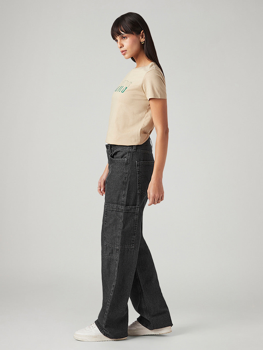 Women's Charcoal Grey Loose Fit High Rise Jeans - Side View