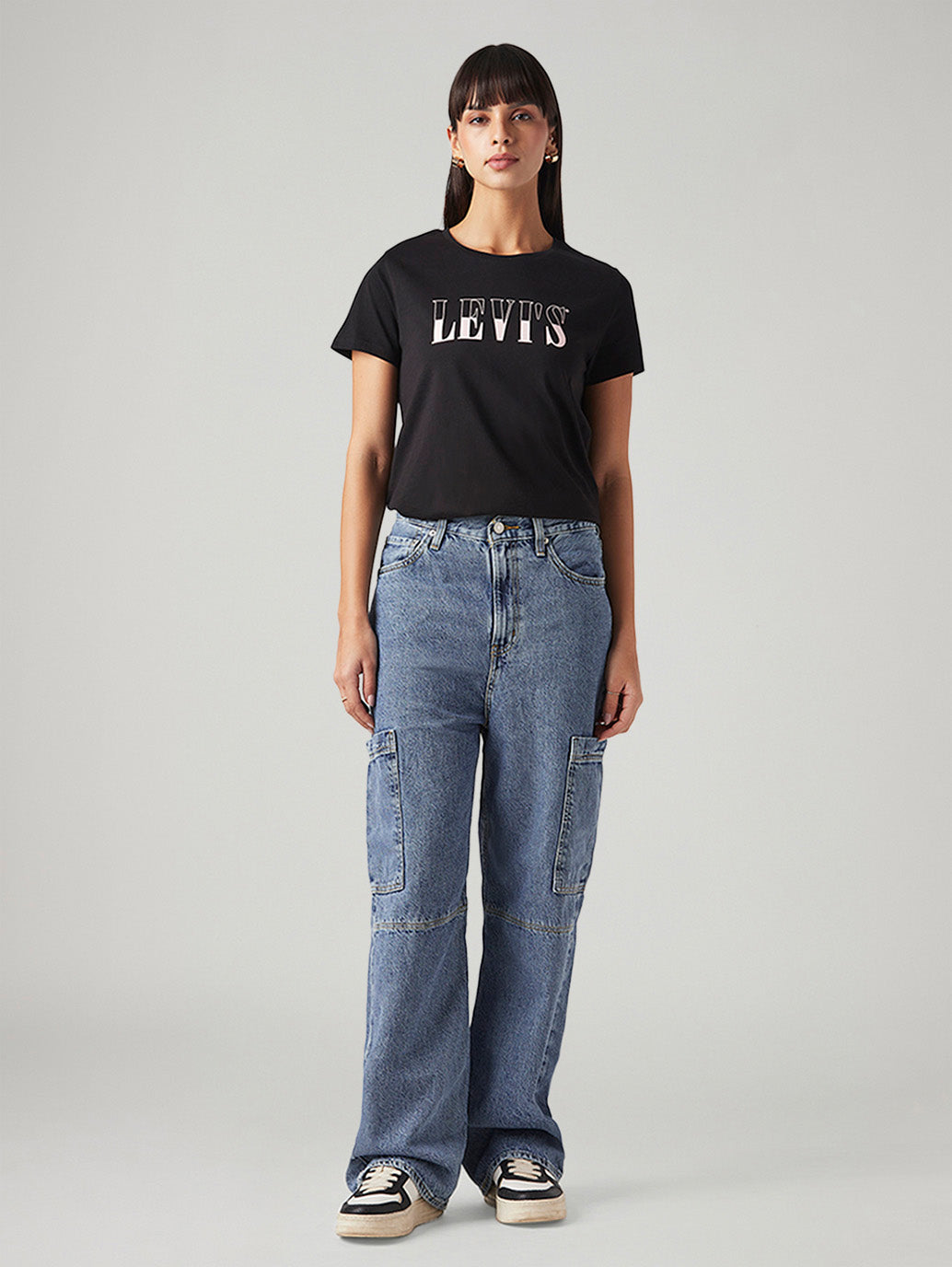 Women's Blue Loose Fit High Rise Jeans - Front View
