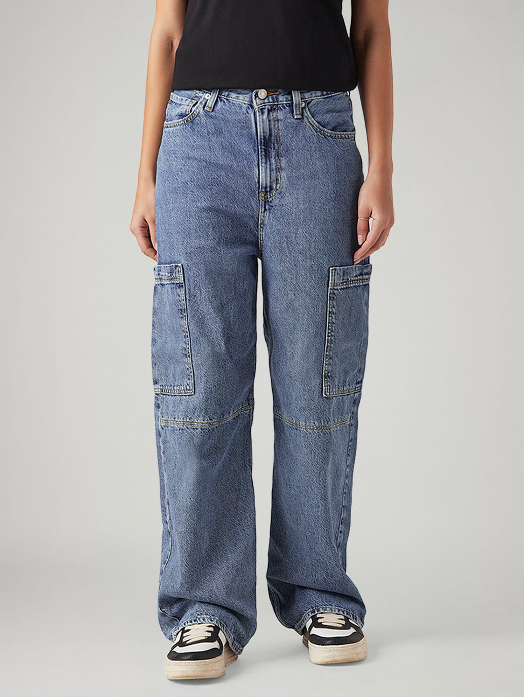 Women's Blue Loose Fit High Rise Jeans - Front View