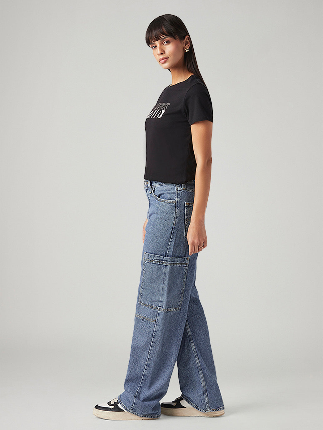 Women's Blue Loose Fit High Rise Jeans - Side View