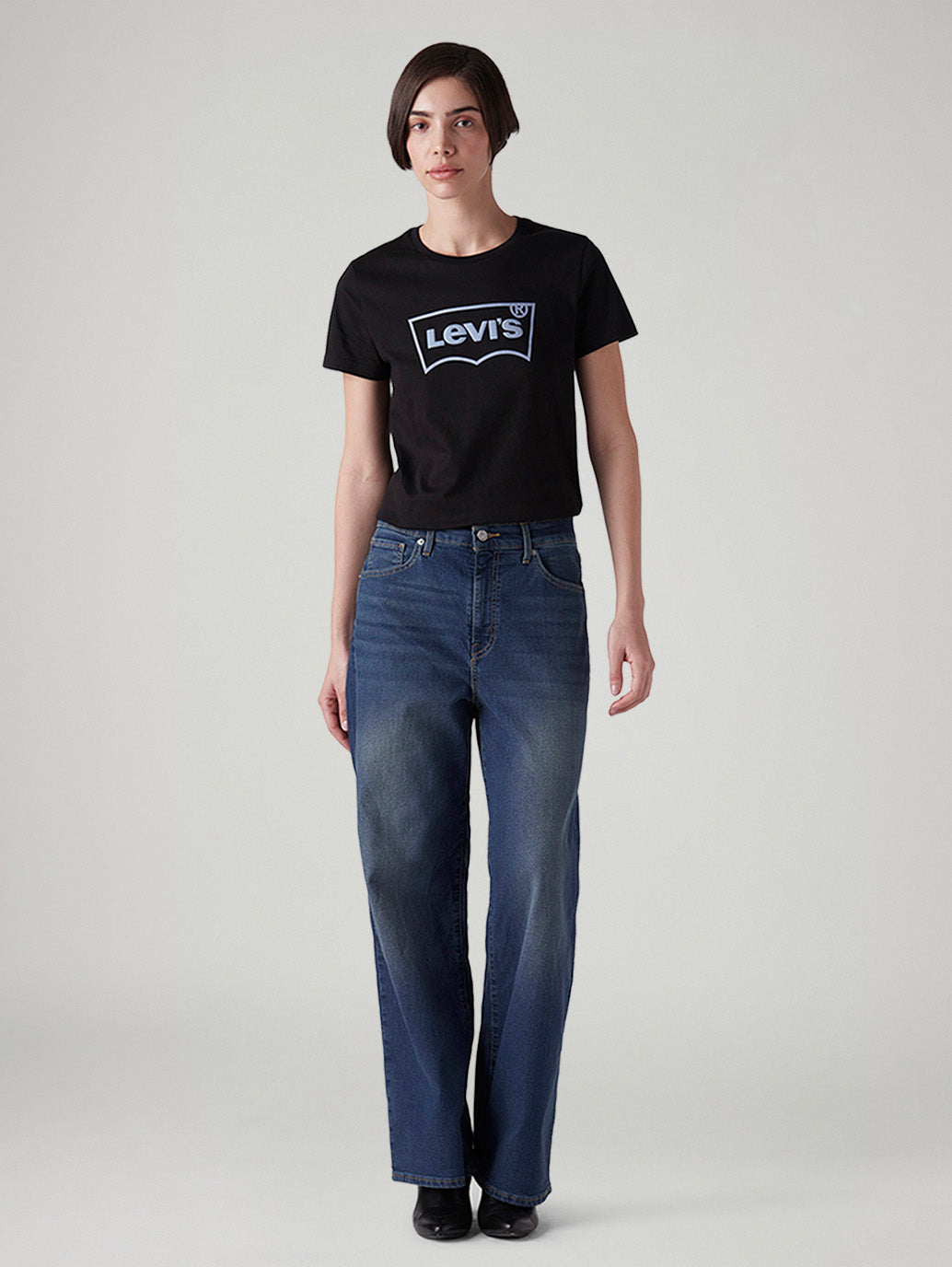 Women's Med Indigo Wide Leg Fit High Rise Tinted Jeans - Front View