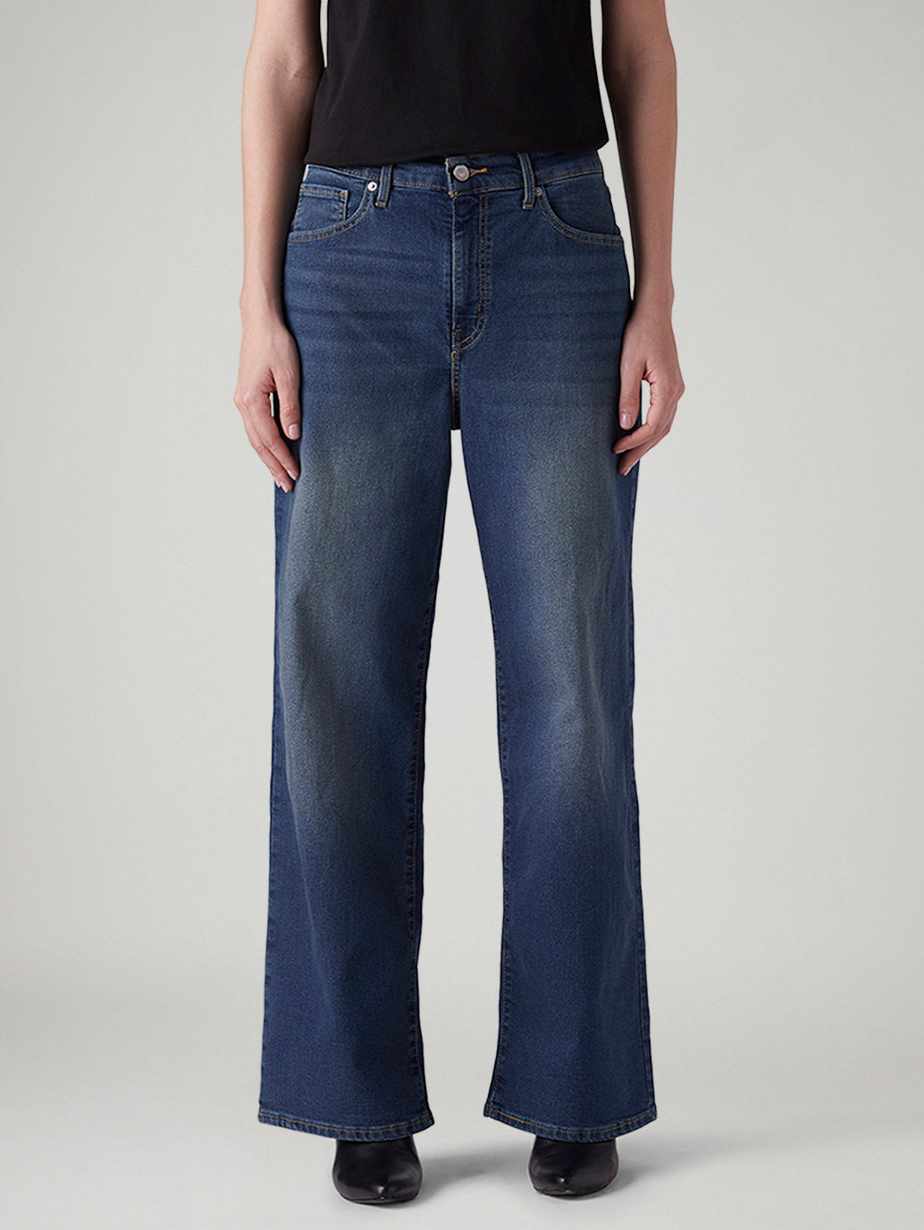 Women's Med Indigo Wide Leg Fit High Rise Tinted Jeans - Front View
