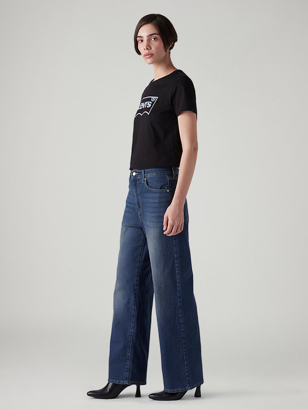 Women's Med Indigo Wide Leg Fit High Rise Tinted Jeans - Side View
