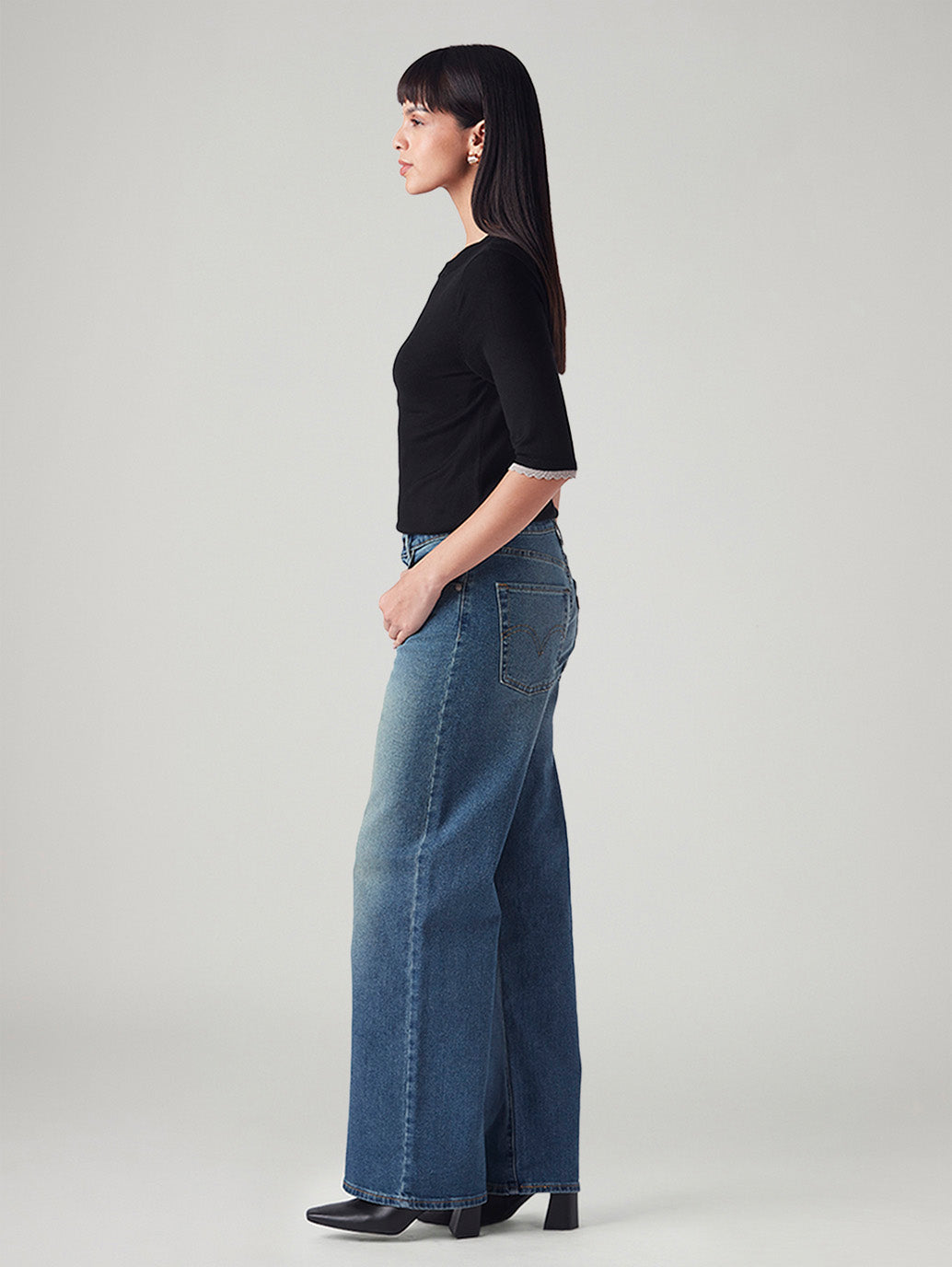 Women's Blue Mile High Wide Leg Fit High Rise Jeans - Side View