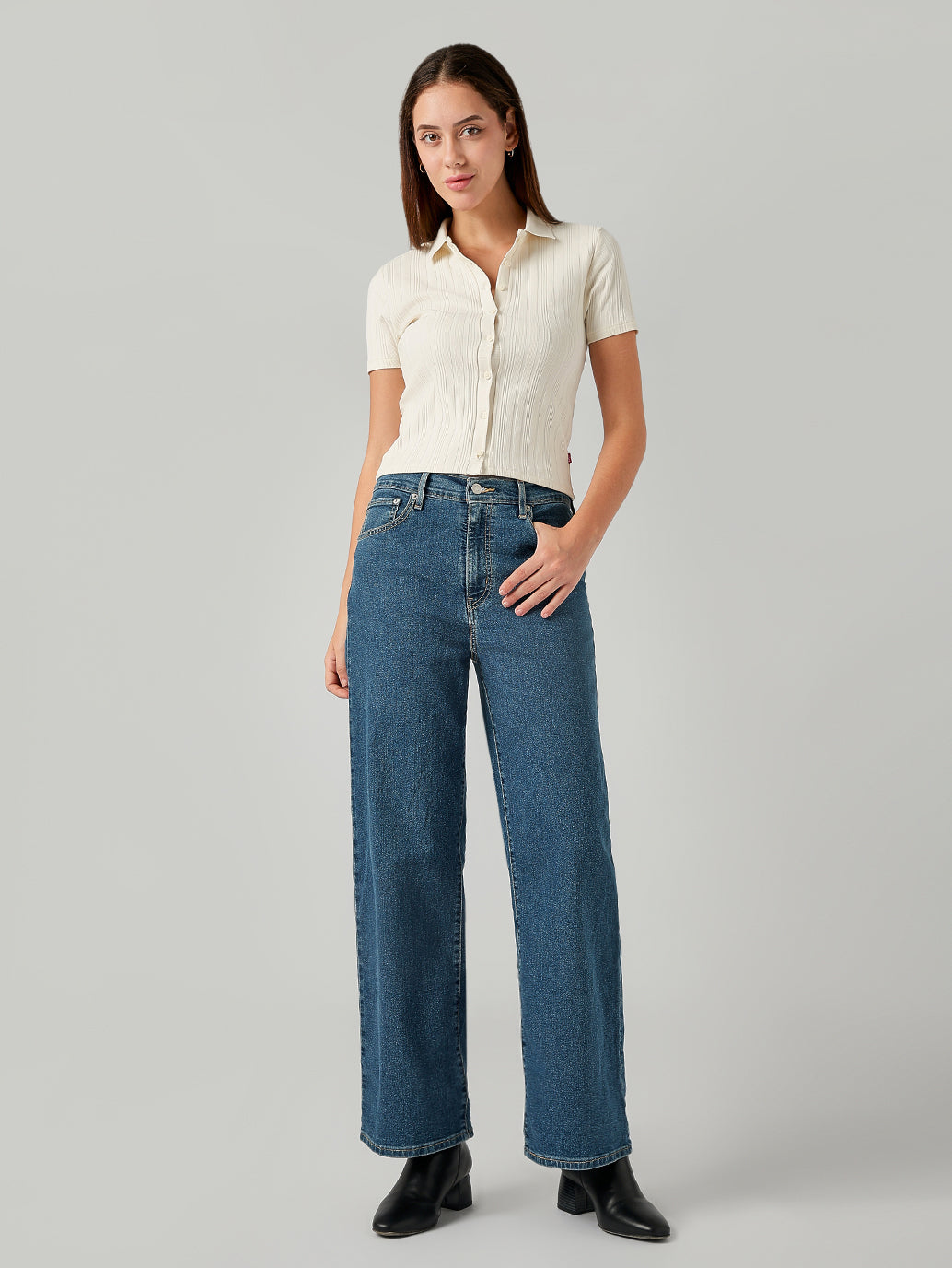 Women's Blue Wide Leg Fit High Rise Jeans - Styleshot View