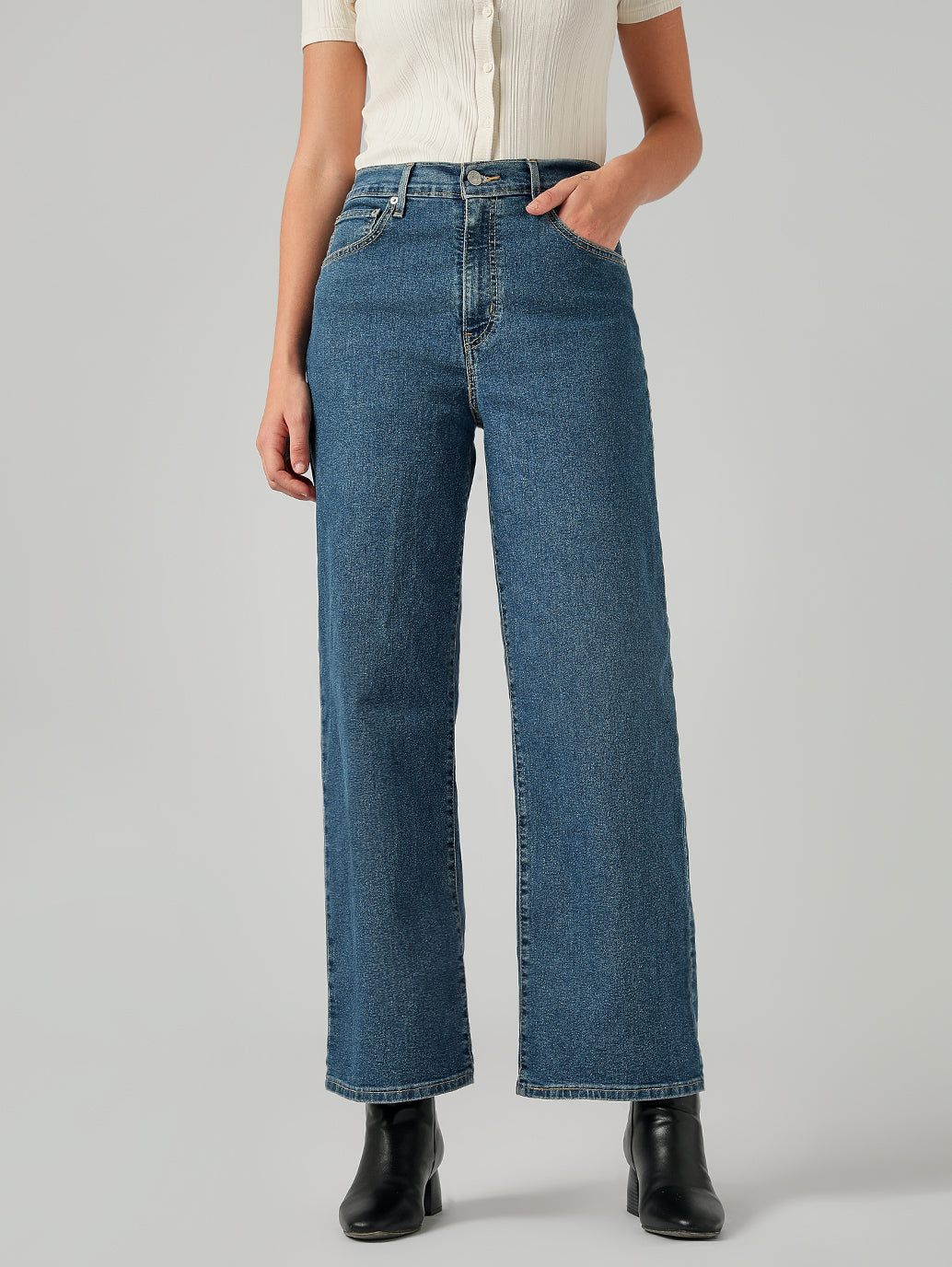 Women's Blue Wide Leg Fit High Rise Jeans - Front View