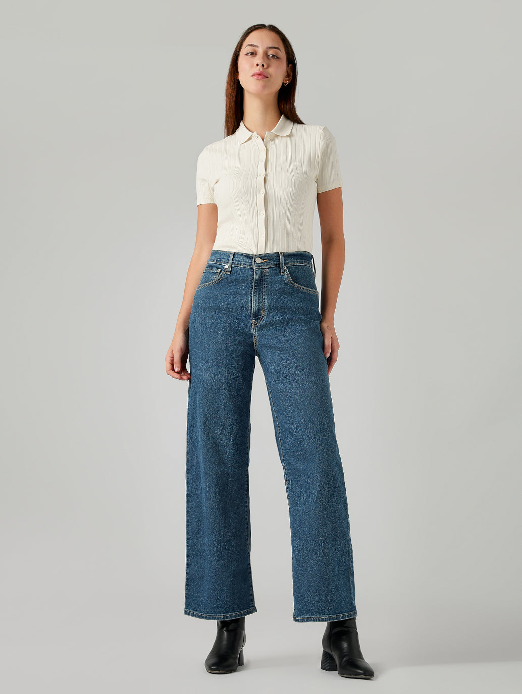 Women's Blue Wide Leg Fit High Rise Jeans