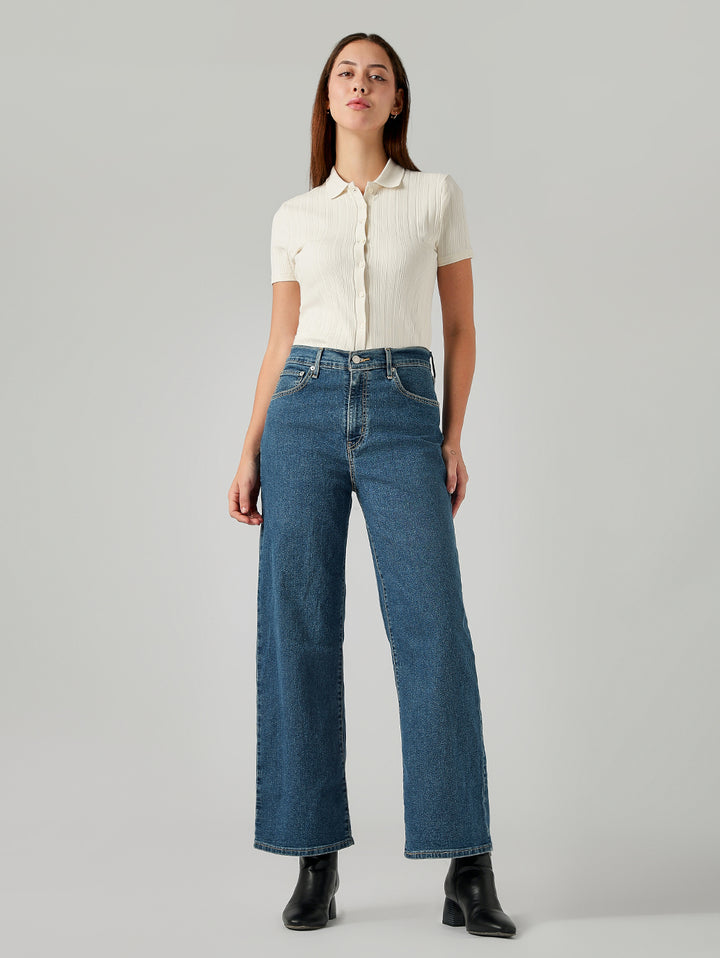 Women's Blue Wide Leg Fit High Rise Jeans