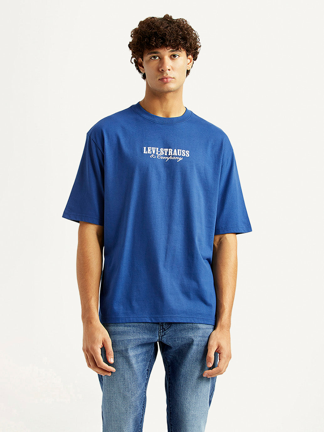 Men's Graphic Print Blue Loose Fit T-shirt - Front View