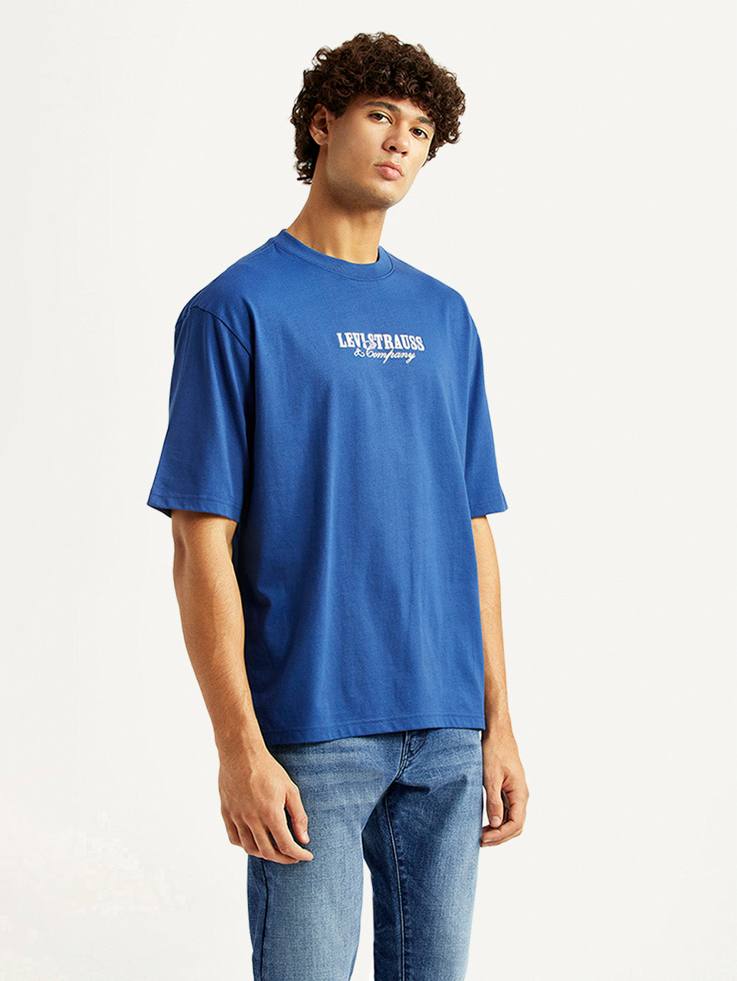 Men's Graphic Print Blue Loose Fit T-shirt - Side View