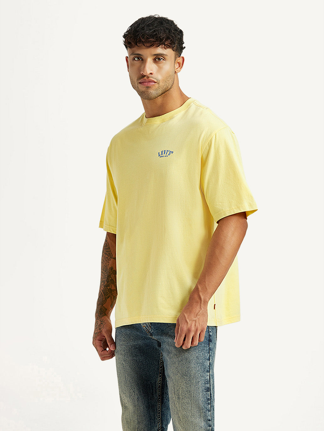 Men's Typographic Print Yellow Loose Fit T-shirt - Side View