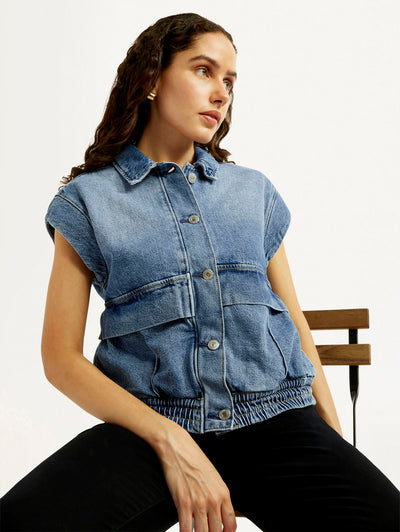 Women's Solid Blue Denim Jacket-image-5