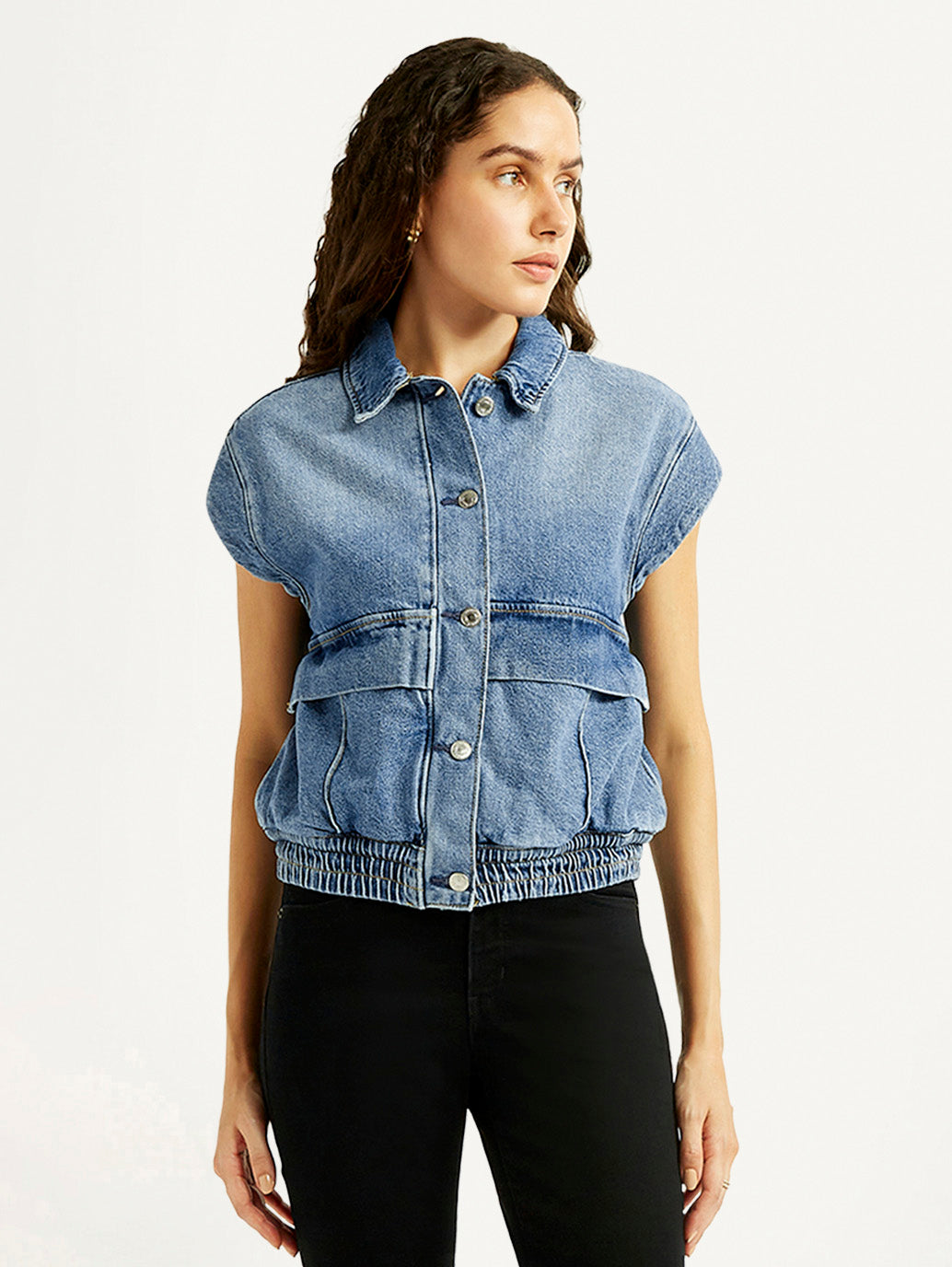 Women's Solid Blue Denim Jacket - Styleshot View