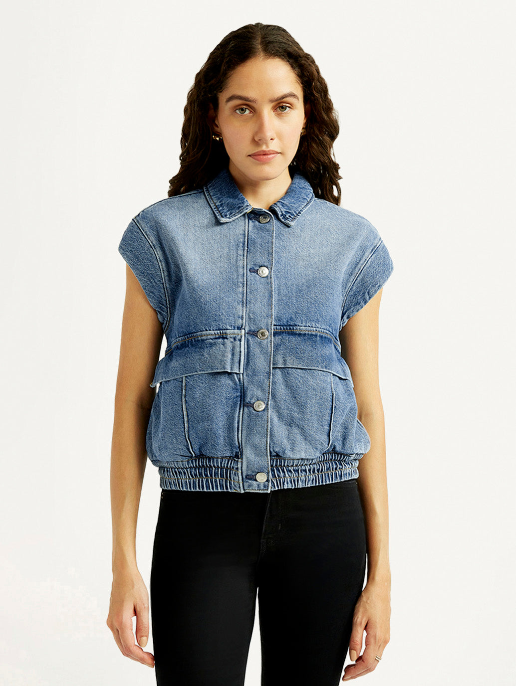 Women's Solid Blue Denim Jacket - Front View