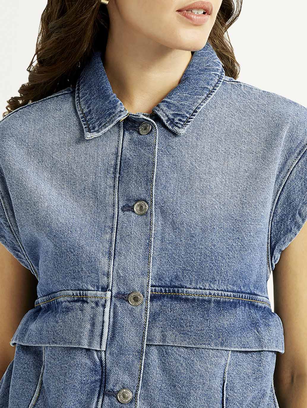 Women's Solid Blue Denim Jacket - Detail View