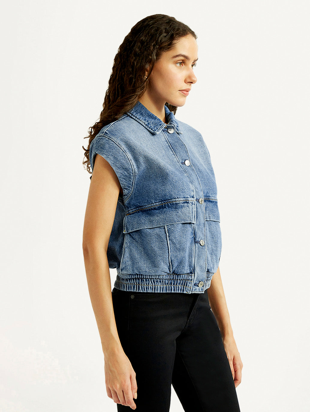 Women's Solid Blue Denim Jacket - Side View